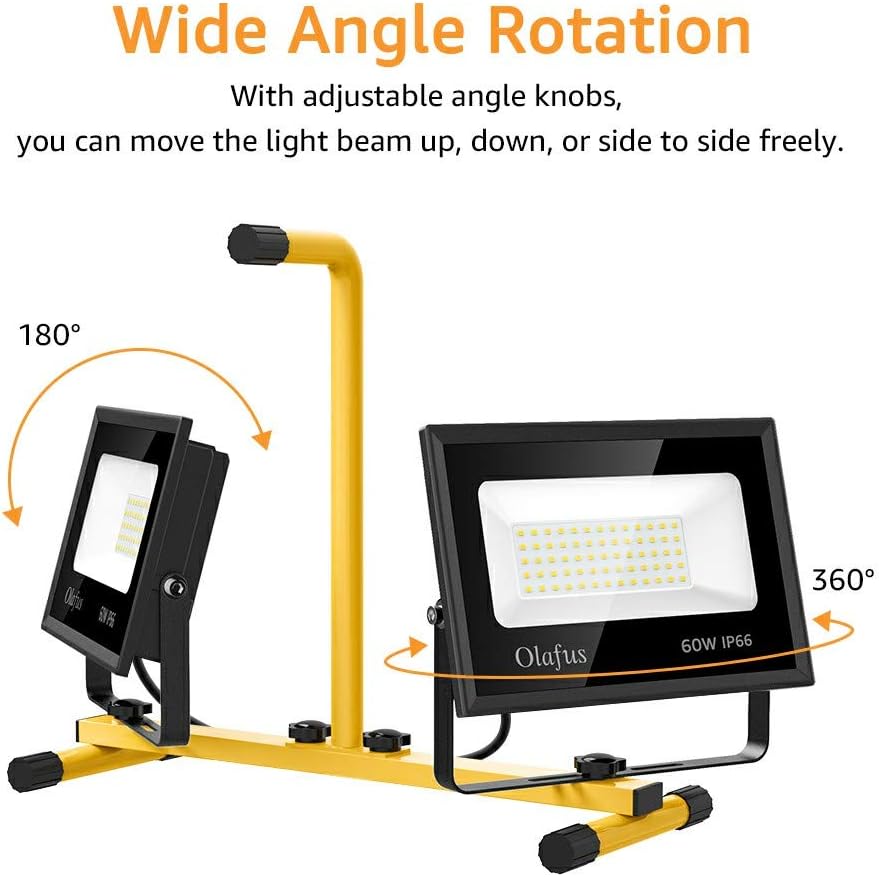 Olafus 80W Led Work Lights 3 Adjustable Head, 6700LM Foldable Work Flood Light, 16.4ft Cord with Plug, 6500K IP65 Waterproof Job Site Lighting with Stand for Construction Site, Garage, Workshop, Jetty