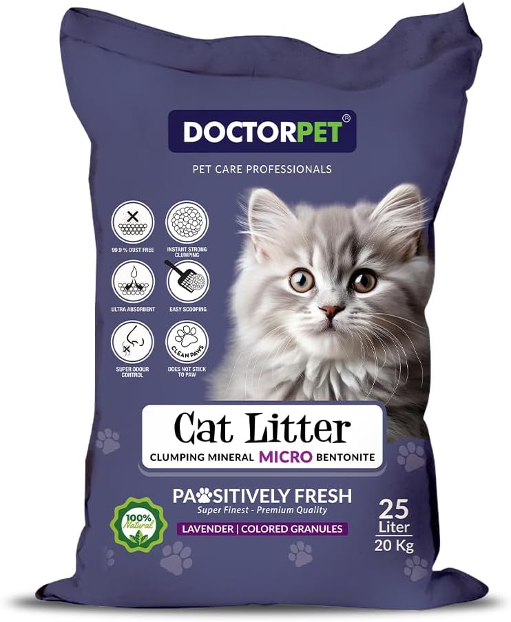Lavender Scented Clumping Cat Litter 25L – 100% Clumping Micro Bentonite, Instant Strong Clumping, Ultra Absorbent, Dust-Free, Lavender Fragrance, Pet Safe