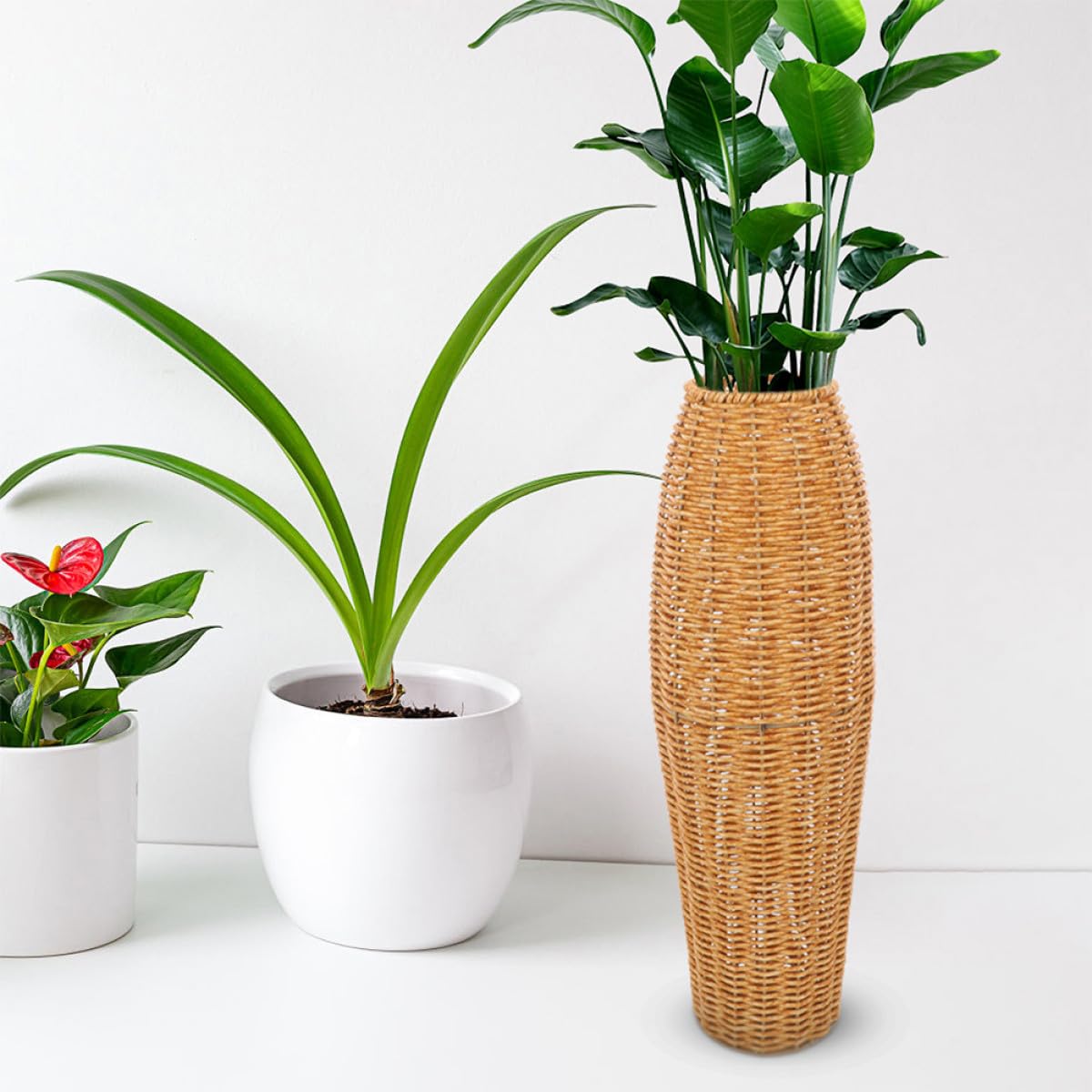 DOITOOL Jarrón Decorativo de Suelo de Imitación Ratán de Plástico Resistente, Diseño Tejido Rústico, 2 Piezas, para Sala de Estar y Oficina, Floreros Altos Artificiales y Secos