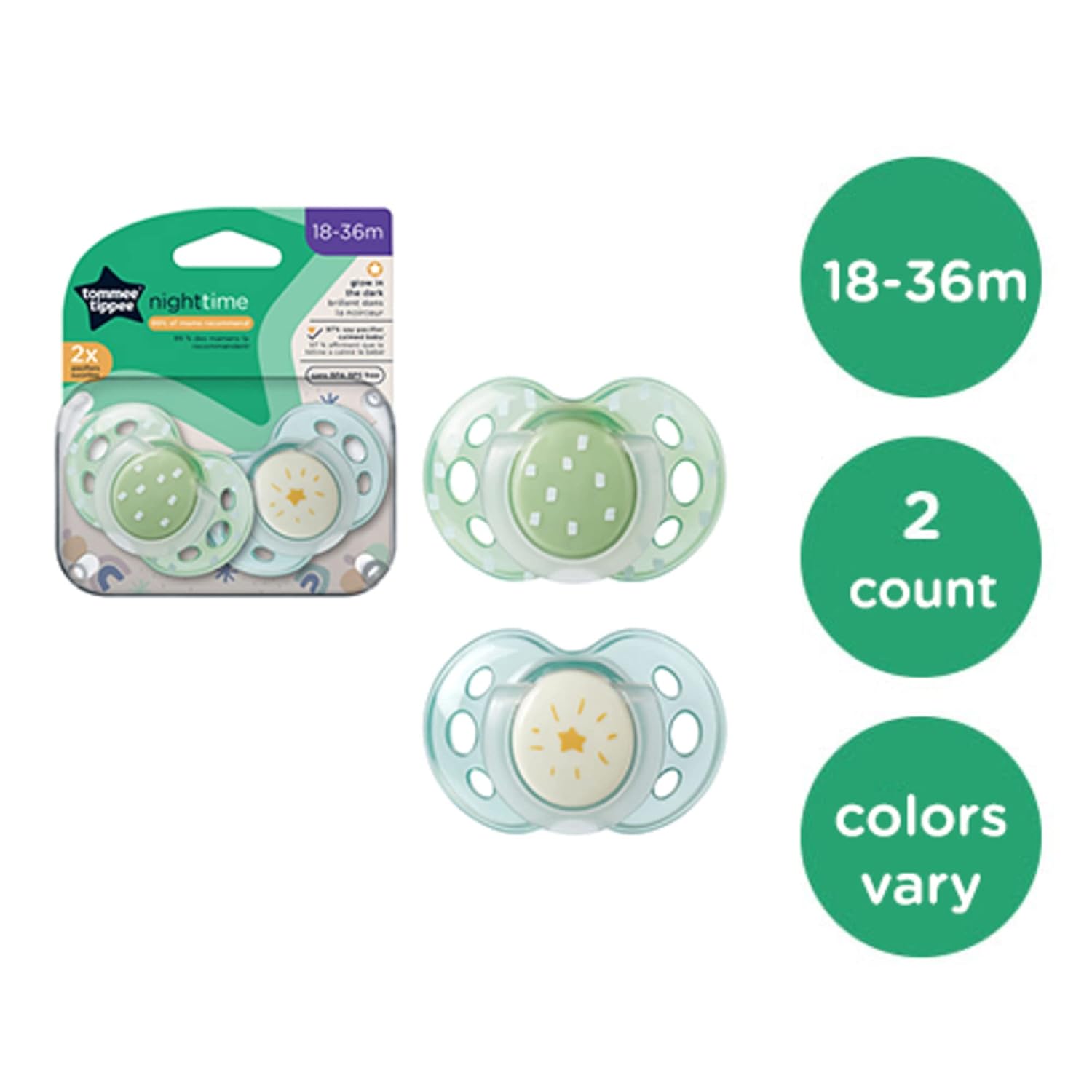 Tommee Tippee Night Time Glow in the Dark Pacifiers, Symmetrical Design, BPA-Free Silicone Nipple, Includes Sterilizer Box, 18-36m, 2 Count