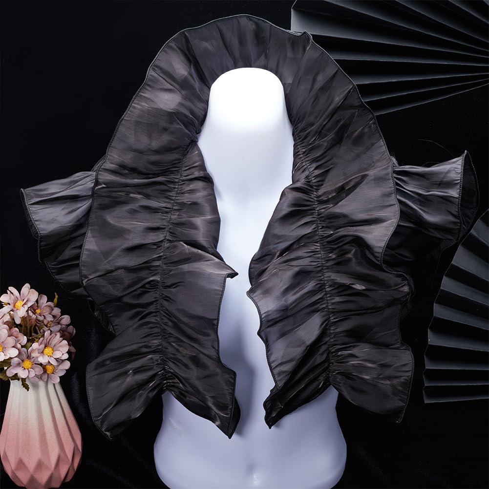 GORGECRAFT 3 Yards Double Ruffle Pleated Chiffon Trim 6.7 Inch Wide Vintage Satin Gathered Lace Border Fabric Ribbon Edge Trimming Decorative Applique for DIY Dress Costume Sewing Home Decor Black