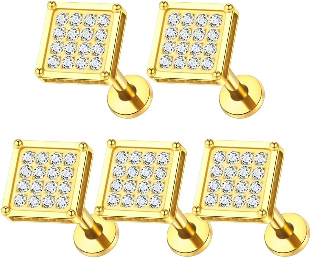 1/5PCS Titanium Square Ear Cartilage Earrings Labret Stud 16G Internally Thread Helix CZ Ear Tragus Lobe Piercing Jewelry