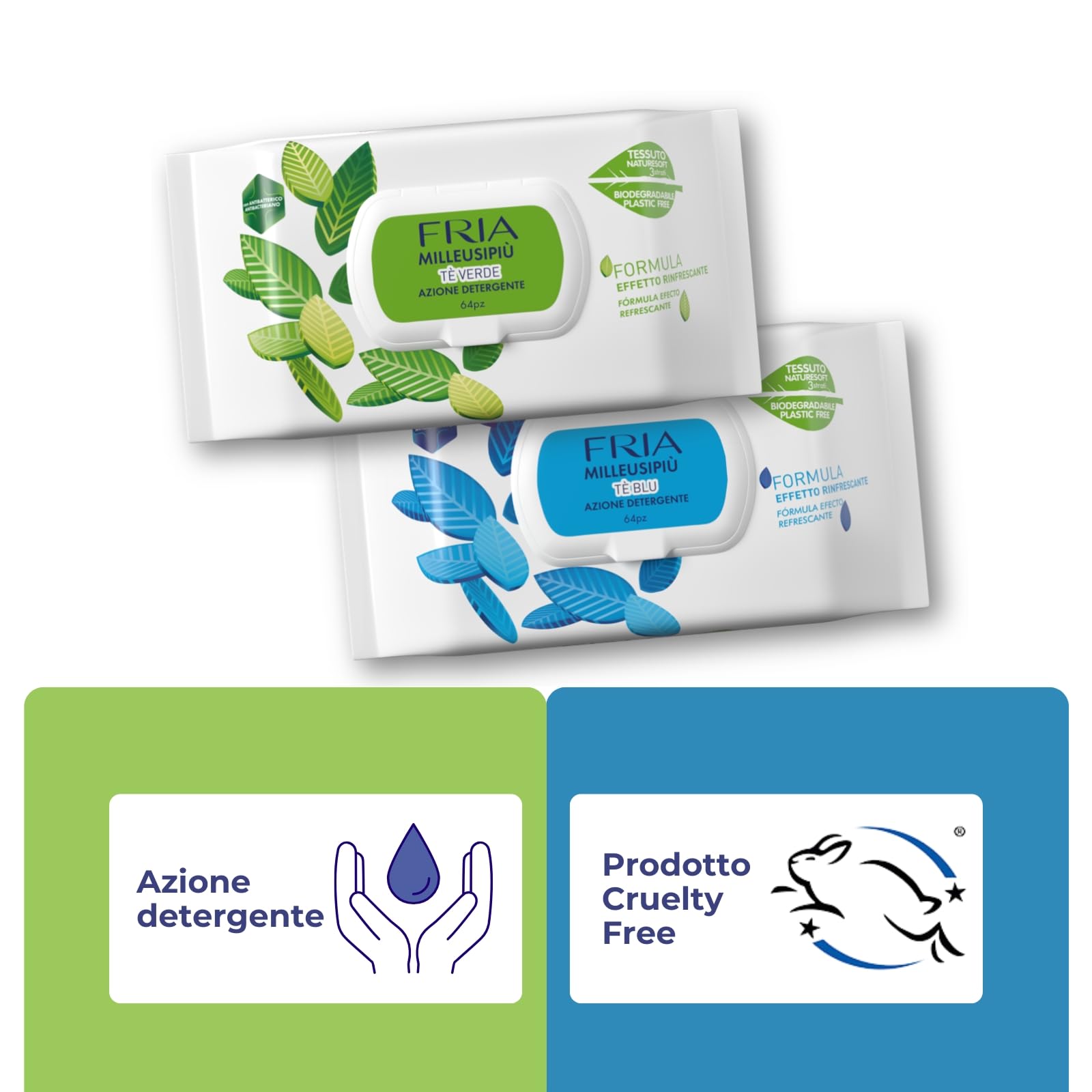 MilleusiPiù Tè Verde & Tè Blu Salviette Multiuso Rinfrescanti Antibatterico Tessuto Fibrasoft 3 Strati Biodegradabile 64 Salviette