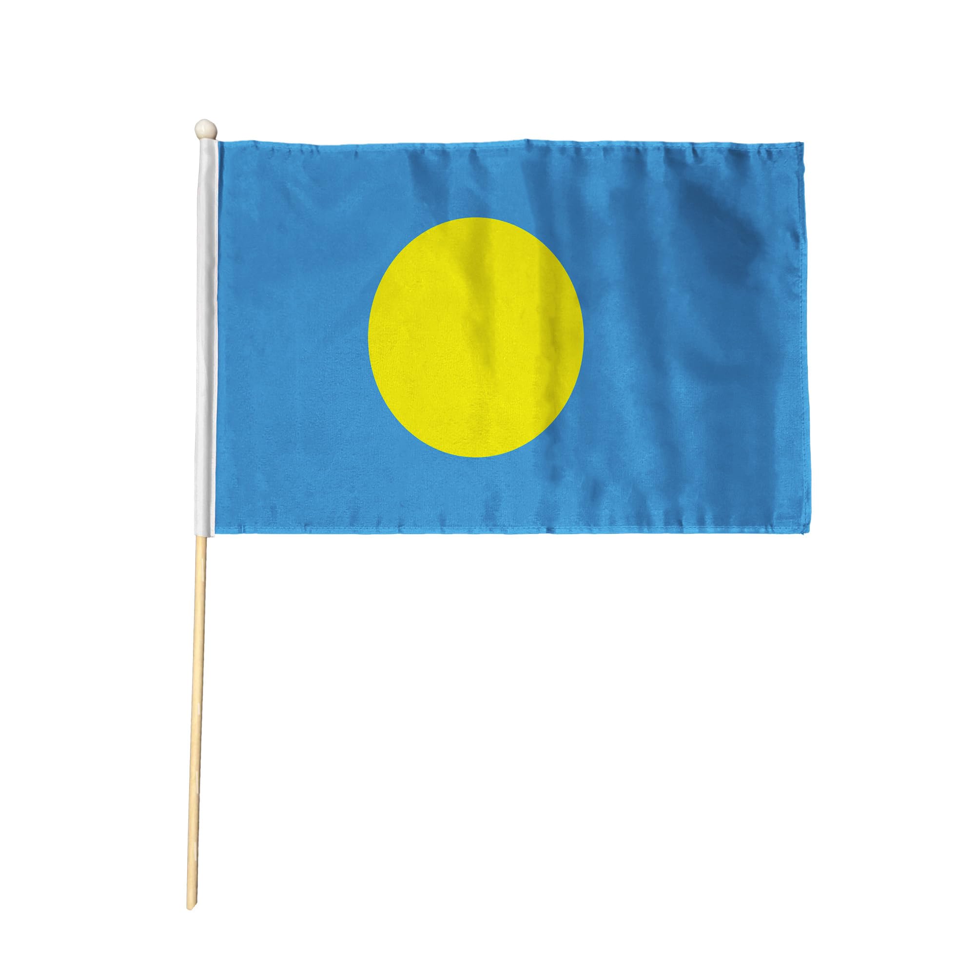 Flagtex Palau Pack of 12 Hand Waving Flag (9x6 Inch) - Premium Wooden Stick Hand Flag 9x6 Inch Natural Wood Pole Pacific Island Light Blue Yellow Moon Disc Flag Events Parades Celebrations