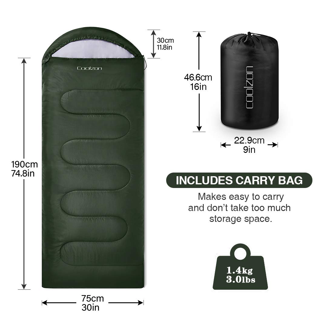 Coolzon Sac de Couchage d'extérieur pour Le Camping, pour 3-4 Saisons, Couverture Adulte, Petite Taille, Sac de Transport Ultra léger, Doux, épais et Chaud, pour Le Camping en Plein air, Les Voyages