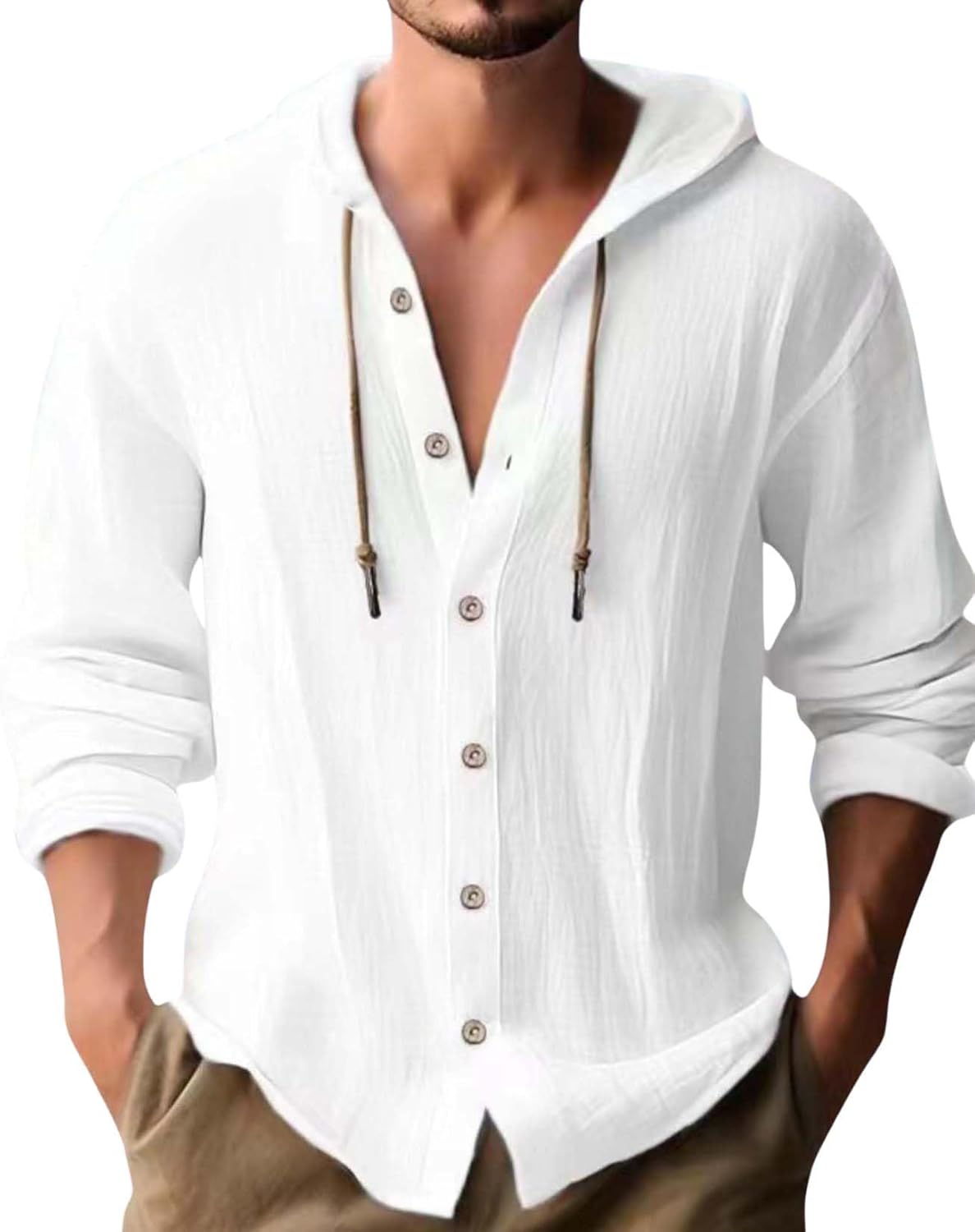 Linen Hoodie Shirt for Men Long Sleeve Button Down Loose Lightweight Beach Vacation Shirts Top