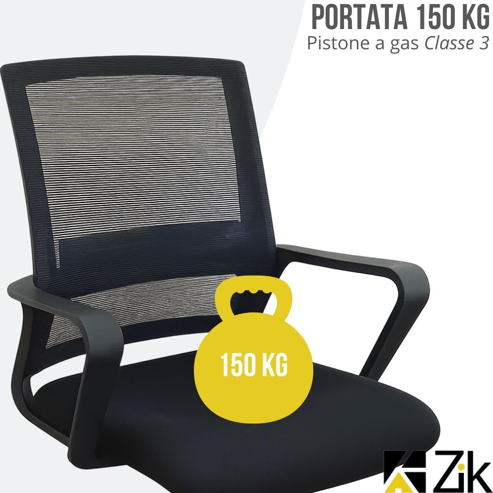 ZIK - Sedia da Ufficio Ergonomica Posturale, Poltrona Ufficio con Supporto Lombare, Sedia Comoda Scrivania con Rotelle, Braccioli, Regolabile in Altezza (45x51x94/100h (Black)