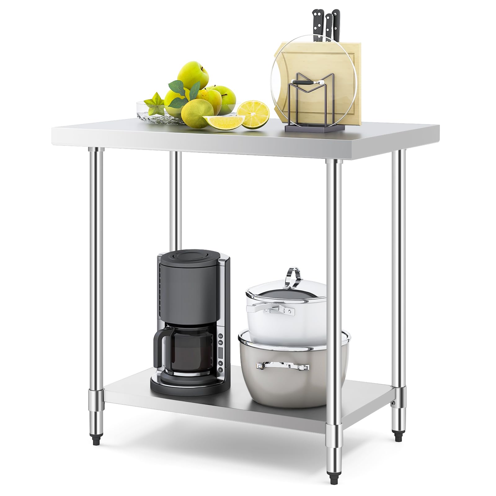 GYMAX Tavolo da Lavoro per Cucina Acciaio Inox Professionale, Carico 180kg + 155kg, Ripiano Inferiore Regolabile, per Commerciale Ristorante Ospedale (Stile 2, 92 x 61 x 90 cm)