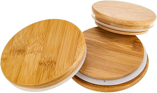 Tapas de bambú decorativas naturales, a prueba de polvo, cubierta creativa de silicona de madera para jarra, 4 piezas (3.9 in3.94 pulgadas)