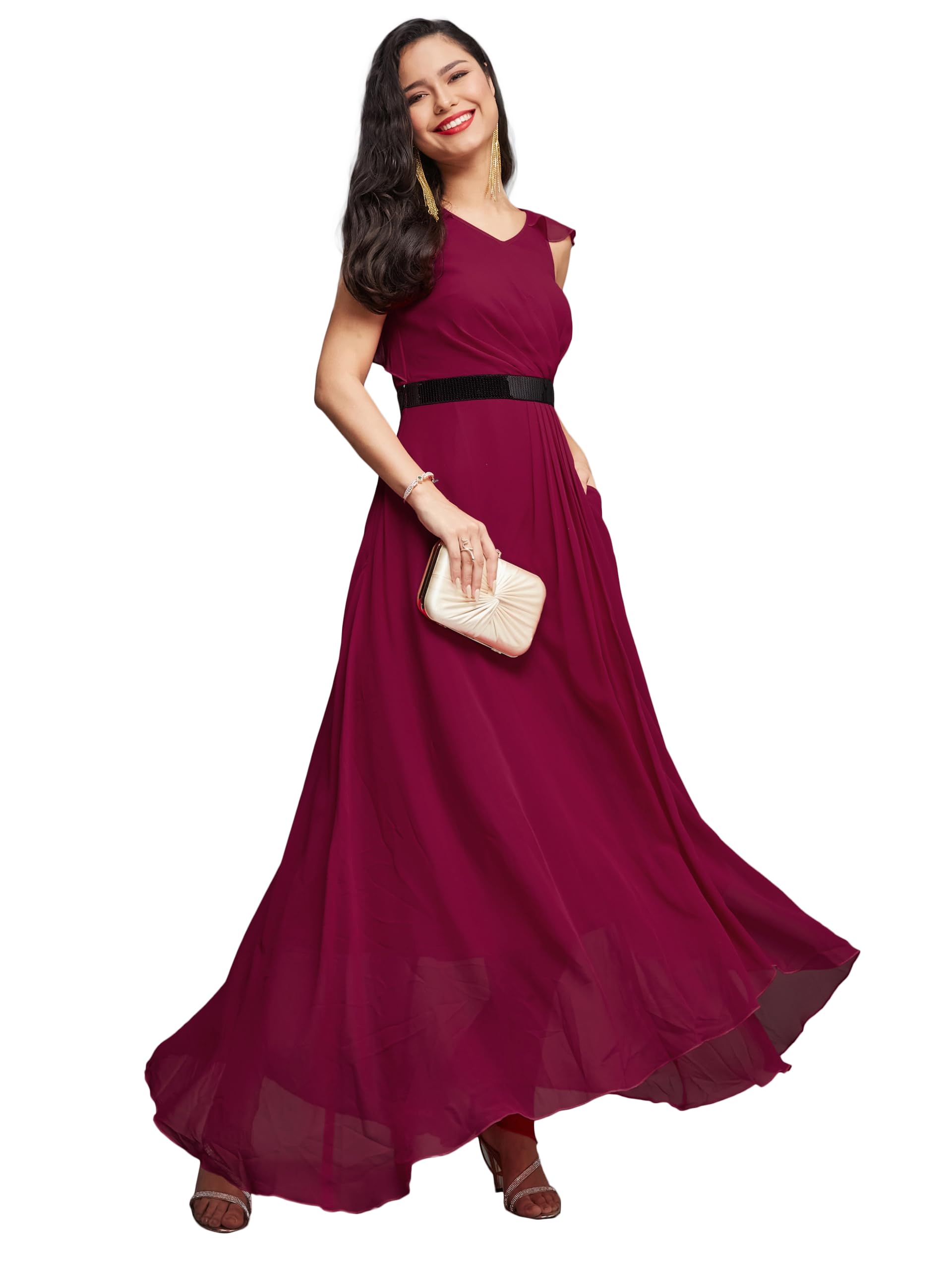Miss Chase Women's V-Neck Ruffled Sleeve Solid Embellished Maxi Dress With Pockets (Mcaw21D06-17-23-02, Dark Pink, Xs)