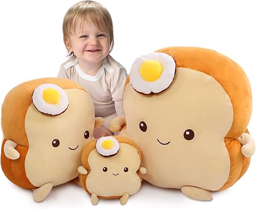 DENTRUN Almohada de peluche de pan tostado de huevo frito, juguete de peluche grande y regordito de pan para dormir, suave y esponjoso, para niños y