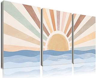 Boho Wall Art Set of 3, Framed Canvas Wall Art Rainbow Sun Rising on the Sea Geometric Watercolor Illustrations Line Wall Art, Mid-Century Modern Prints Artwork Boho Sun Wall Decor for Living Room, Office, Bedroom, Bathroom