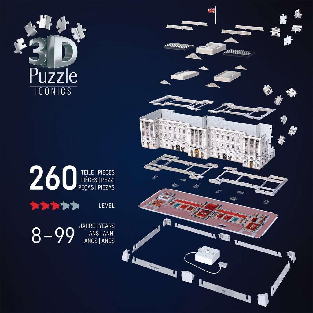 Ravensburger 3D Puzzle Iconics: 12008031 Buckingham Palace - with Light - The Seat of the British Royals as a Detailed and Illuminated Model