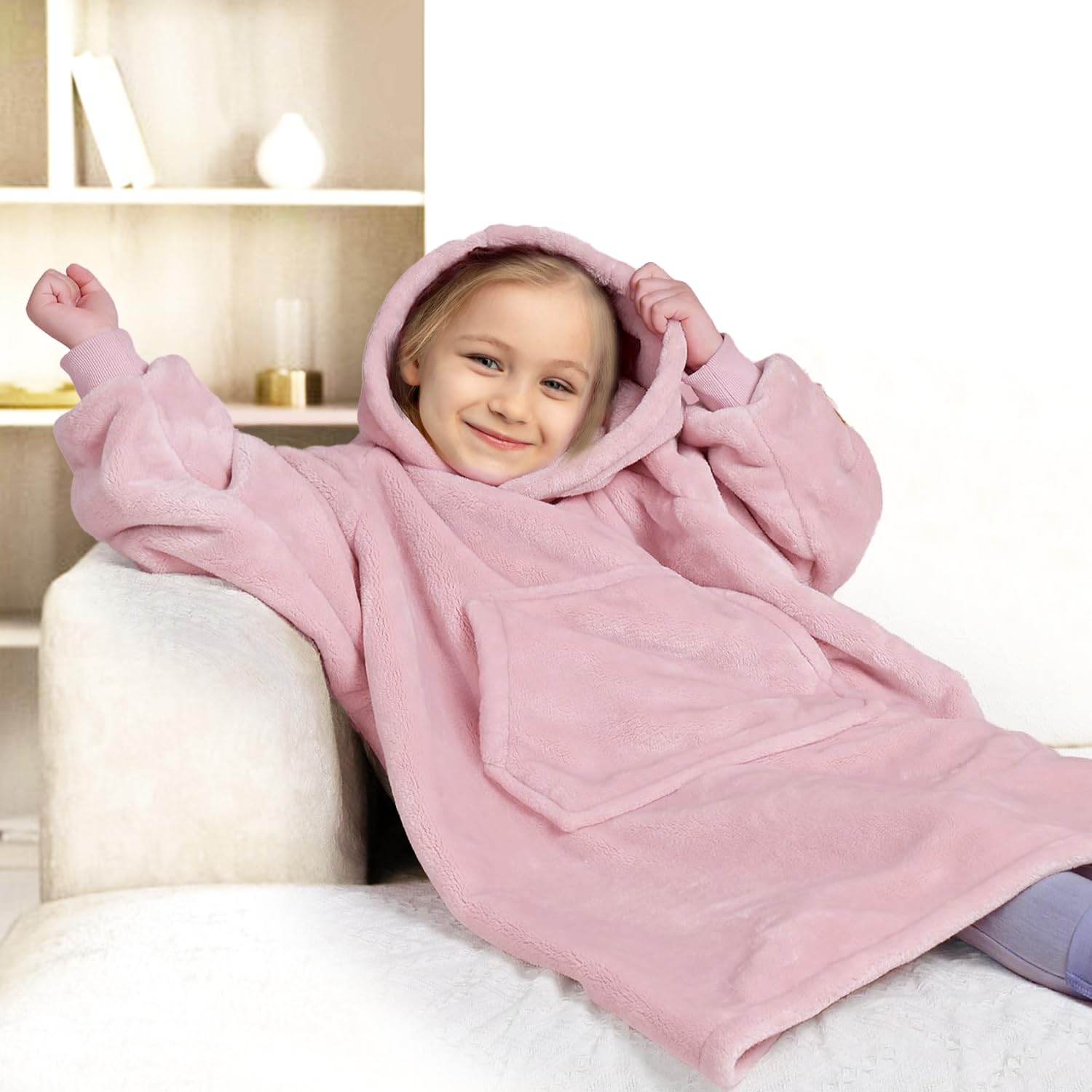 Markdang Wearable Blanket Hoodie for Kids Comfy Pink Sherpa Hooded Oversize Sweatshirt Blanket for Girls (Kids 2-6 Year?60cm?)