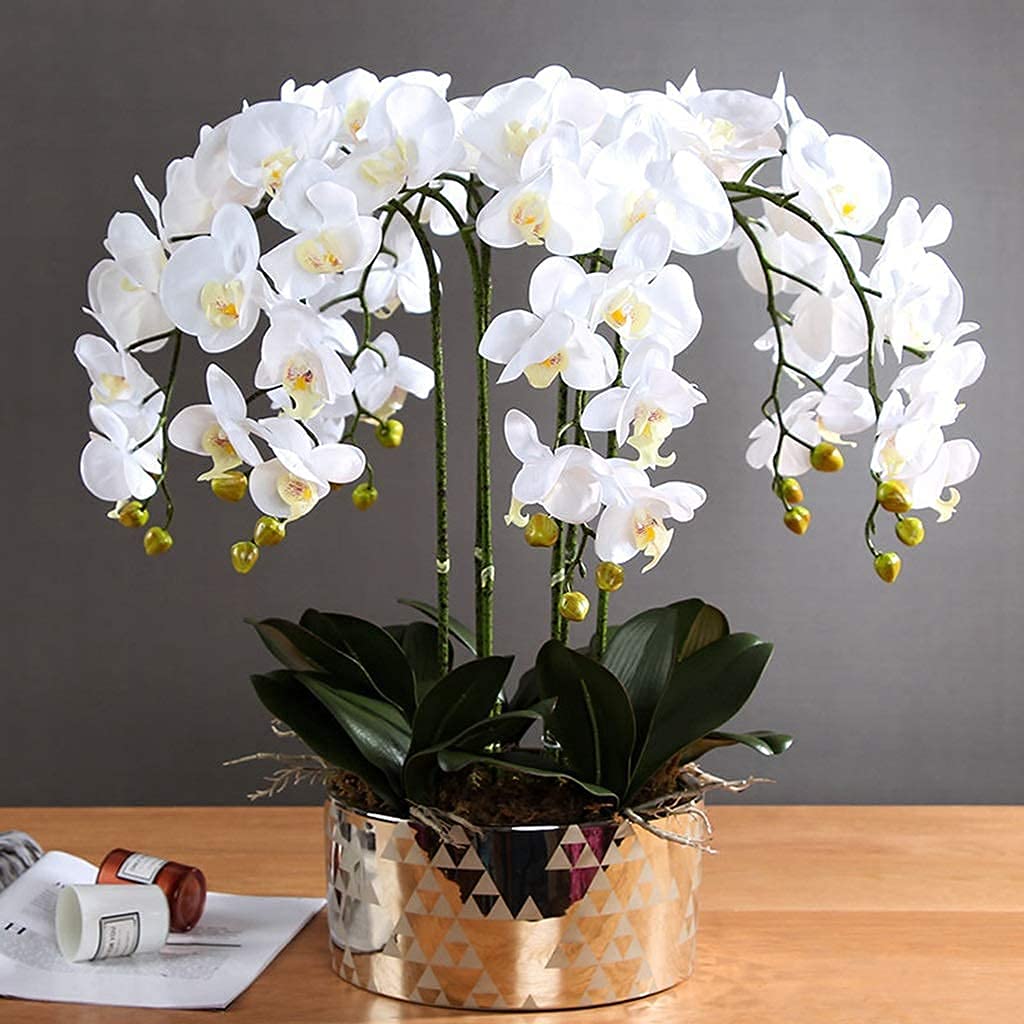 Zestaw sztucznych kwiatów, sztuczny Phalaenopsis, 6 kompozycji kwiatowych i wazon, dom, stół do jadalni, biura, na imprezę, dekoracja stołu w jadalni (fioletowy) (biały)