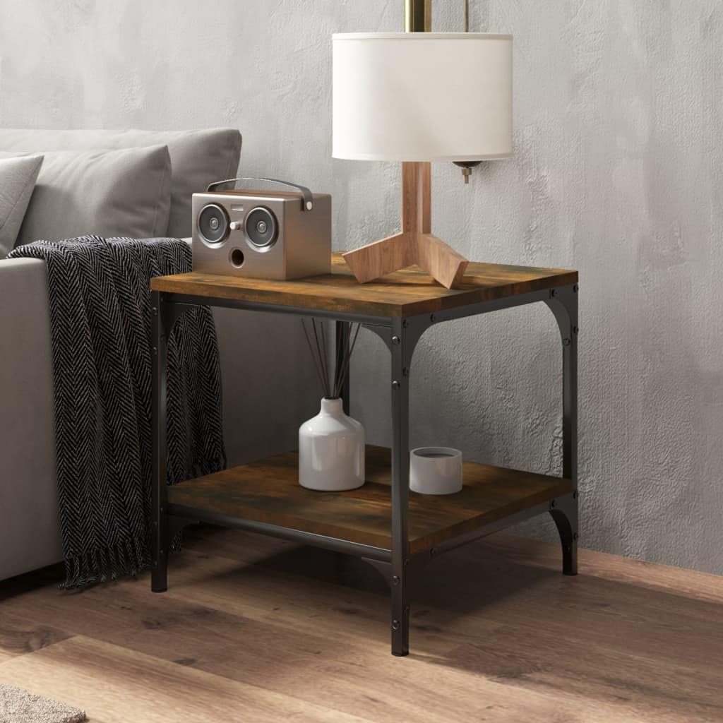 Mesas auxiliares de madera de roble ahumado, 2 unidades, 40 x 40 x 40 cm, con marco de acero estable y patas ajustables para salón, mesa de café, estante de almacenamiento y mobiliario