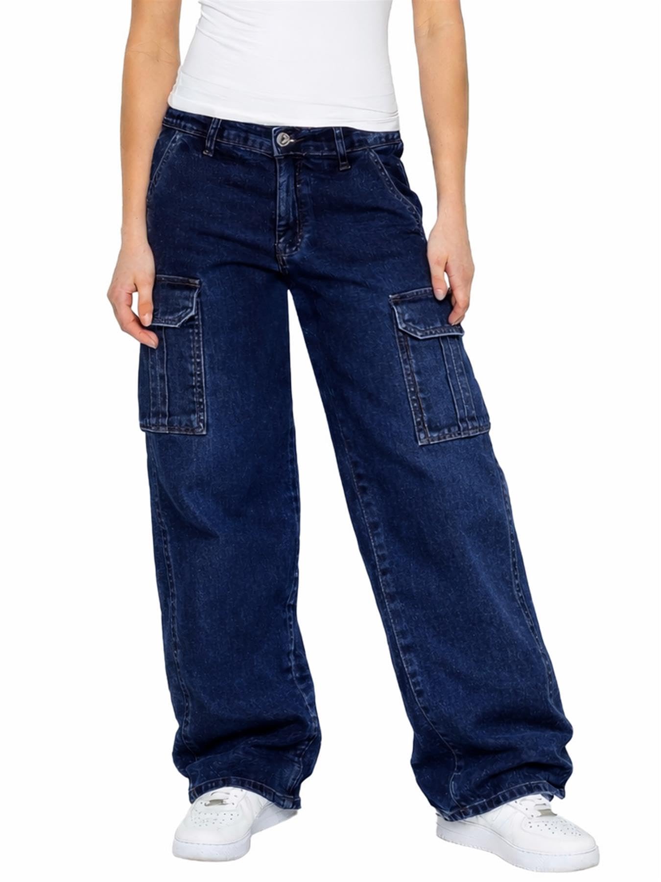 989Zé ENZO Womens Cargo Pants Wide Leg Jeans Casual Cotton Loose Fit Stretch Denim Baggy Trousers EL677_Jeans Dark Blue 16 R