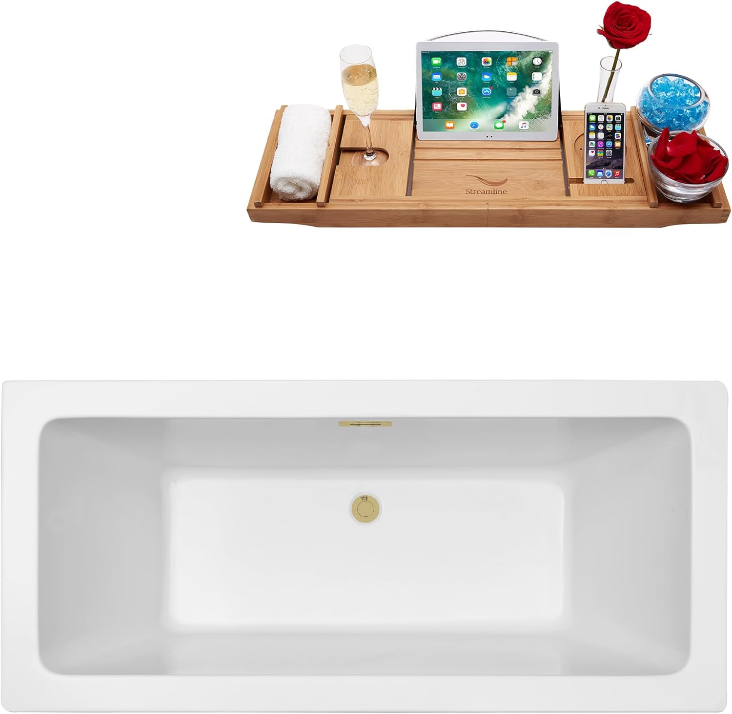Streamline 70" Freestanding Soaking Bathtub – Glossy White Acrylic with Brushed Brass Pop-Up Drain, Internal Drain & Bamboo Tray – 79 Gallon Capacity for Luxurious Home Spa Experience