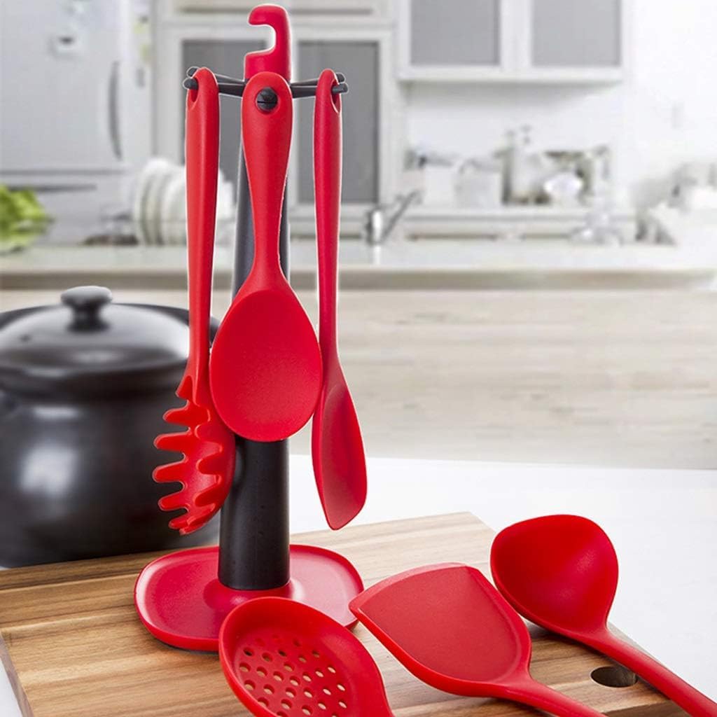 Silikon-Besteckset, Chef Küchenutensilien, 7-teiliges Kochutensilien-Set, antihaftbeschichtet, hitzebeständig, BPA-freies Silikon, Kochutensilien, Schneebesen, Küchenutensilien-Set(Red)
