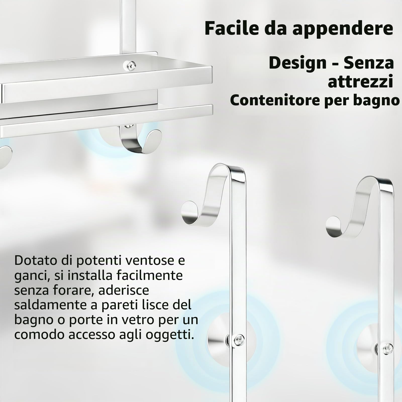 Mensola per Doccia in Acciaio Inox, con 2 Cestini, 2 Ganci e Ventose Stabili, Antiruggine, per Ordine in Bagno, Argento
