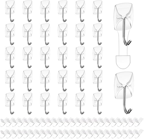 Ainiv Gancho de palanca de alambre, 32 pequeños ganchos transparentes para colgar con 48 tiras adhesivas, ganchos adhesivos sin daños, ganchos de