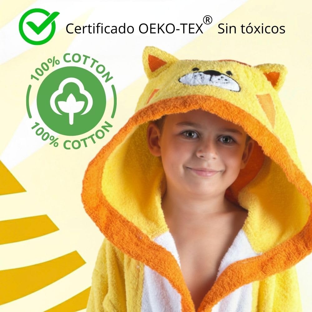 Albornoz Niño y Niña 100% Algodón OEKO-TEX® Rizo 450g/m² Capucha Bolsillo Cinturón