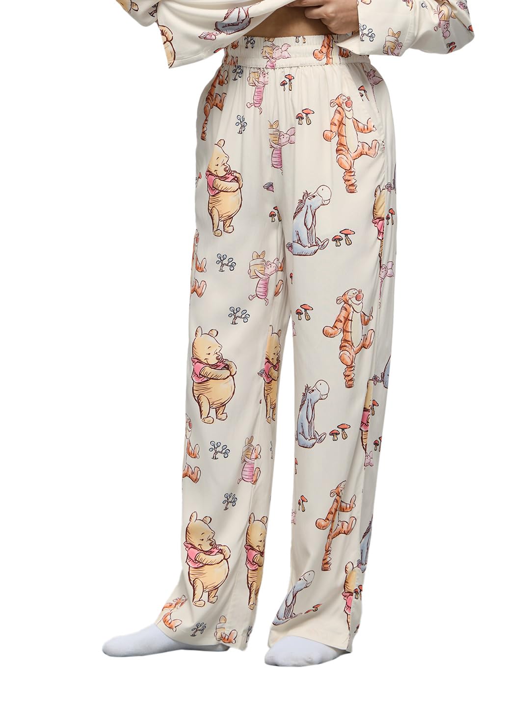 the souled store Disney: Winnie The Pooh Women and Girls Straight Fit Satin Finish Off White Printed Viscose Lightweight Sleep Wear Breathable Lounge Pajama Pants-picture-25