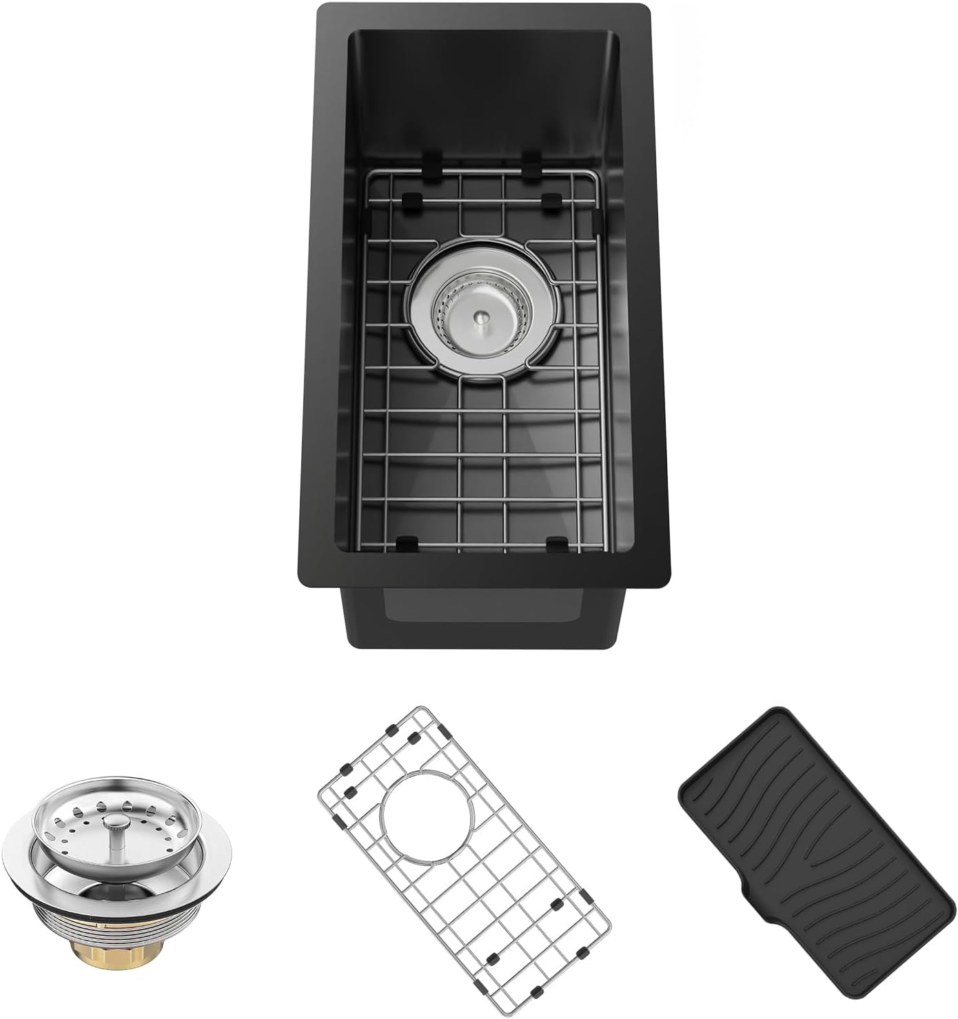 Black Kitchen And Bar Sink,10x18 Inch Stainless Steel Drop In Single Bowl Undermount RV Prep Small Kitchen&Bar Sink Ideal Choice For Small Space Come With Bottom Grid,Soap Mat And Drain Assembly 10x18In Black