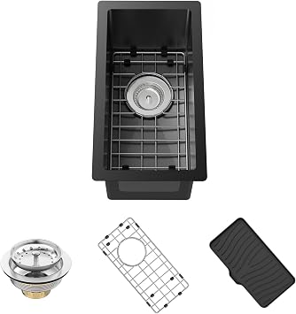 Black Kitchen And Bar Sink,10x18 Inch Stainless Steel Drop In Single Bowl Undermount RV Prep Small Kitchen&Bar Sink Ideal Choice For Small Space Come With Bottom Grid,Soap Mat And Drain Assembly