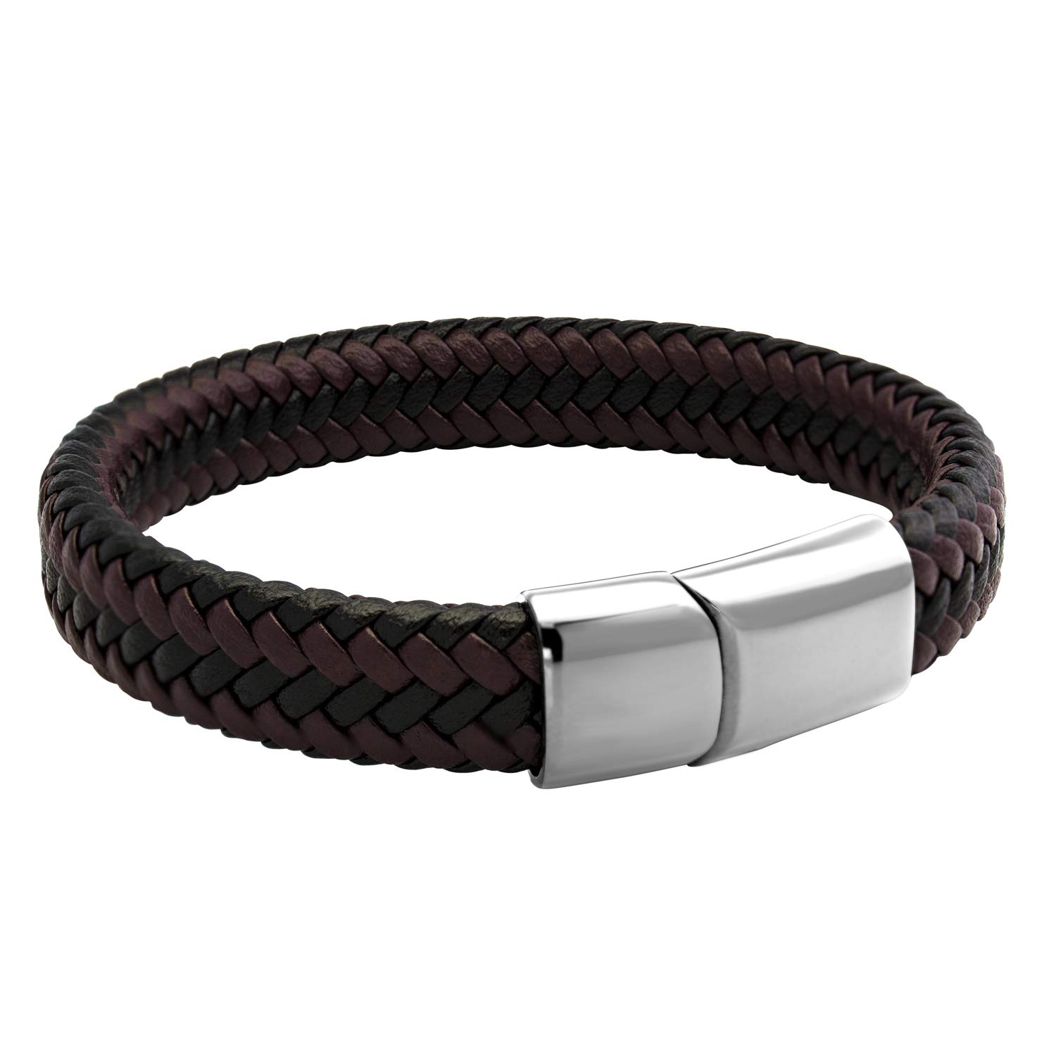 555Jewelry Stainless Steel Magnetic Clasp Braided Brown & Black Leather Bracelet for Men