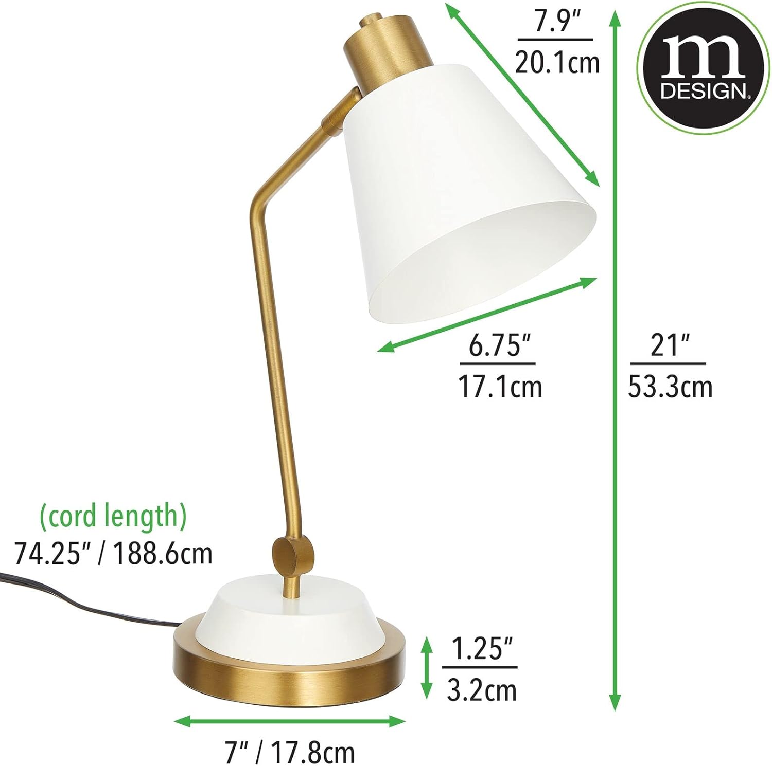 Detailed dimensions of the mDesign Metal Curved Desk Lamp