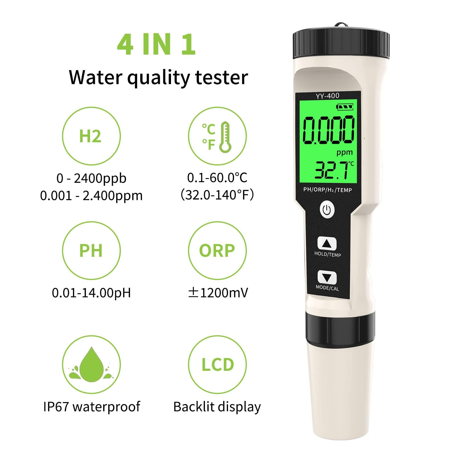 Acqua Testeur de pH 4 en 1 pH ORP H2 TEMP étanche IP67 0,01 haute précision testeur de qualité d'eau numérique avec fonction ATC