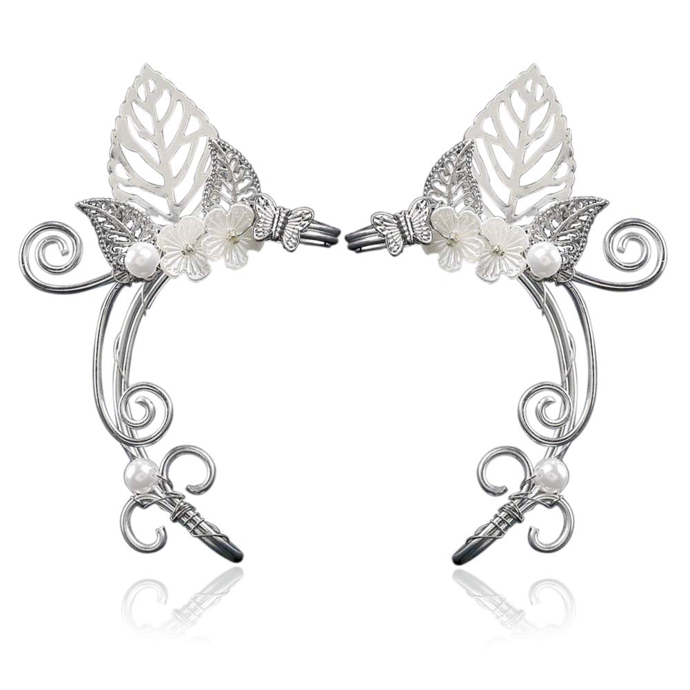 Elf Ear Cuffs Handmade Clip-on Earrings Hollowed Flower Leaf Wing Tassel Filigree Elven Handcraft Fairy Cuff Wrap Earrings for Women Girls Fantasy Halloween Costume, Cosplay, Wedding Jewelry