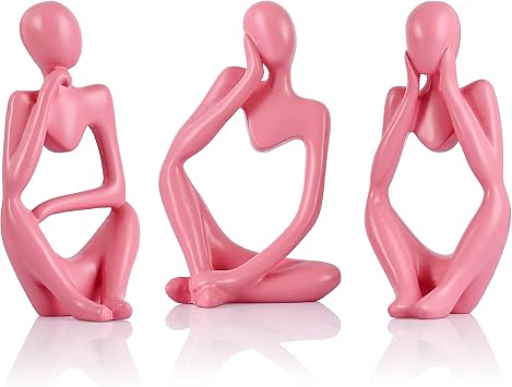 Pink Thinker Statue Set of 3 - Pink Statue Decor for Table, TV Stand, Shelf, Desk - Resin Figurines for Living Room, Minimalist Bookcase Decorative, Modern Sculpture, Home Accents