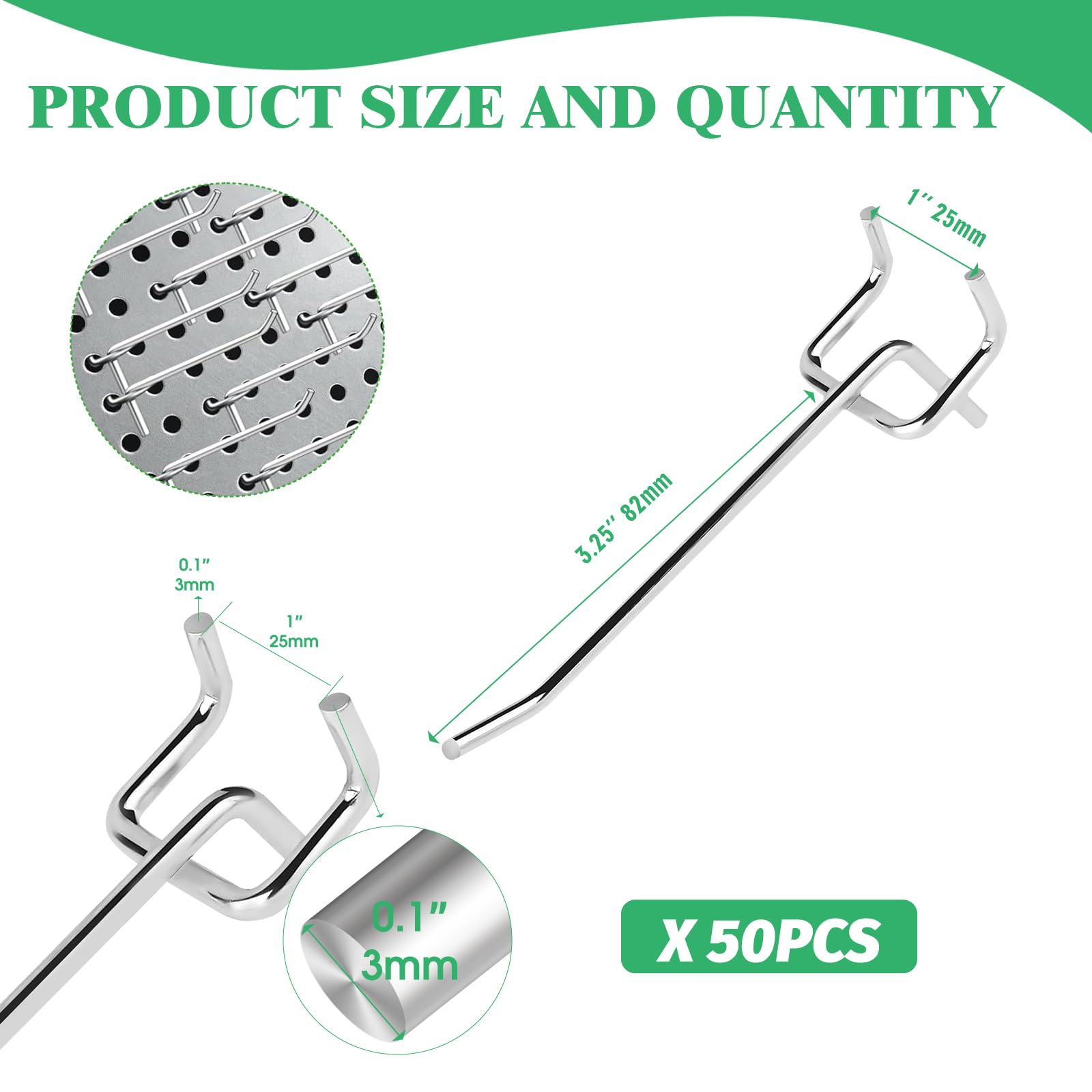 Juego de 50 ganchos para tablero de clavijas de 10 cm, ganchos de metal con paso de agujero de 2,5 mm, alambre de 4 mm de diámetro, gancho para colgar en la pared (plateado)