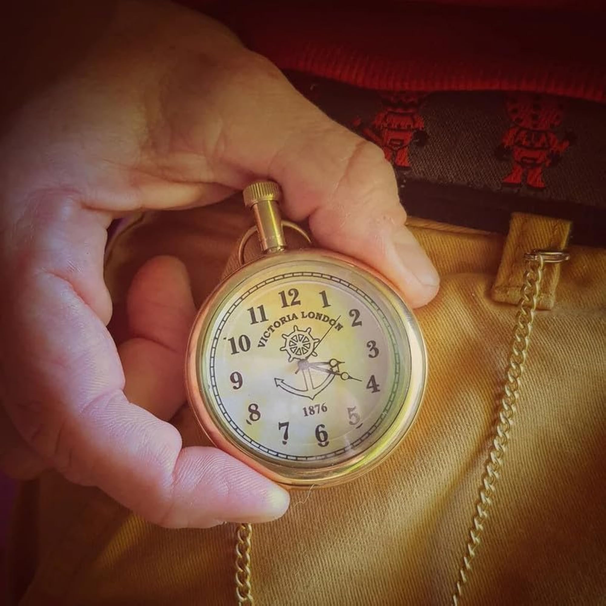 Vintage Victorian Brass Pocket Watch with Chain, Lightweight Design