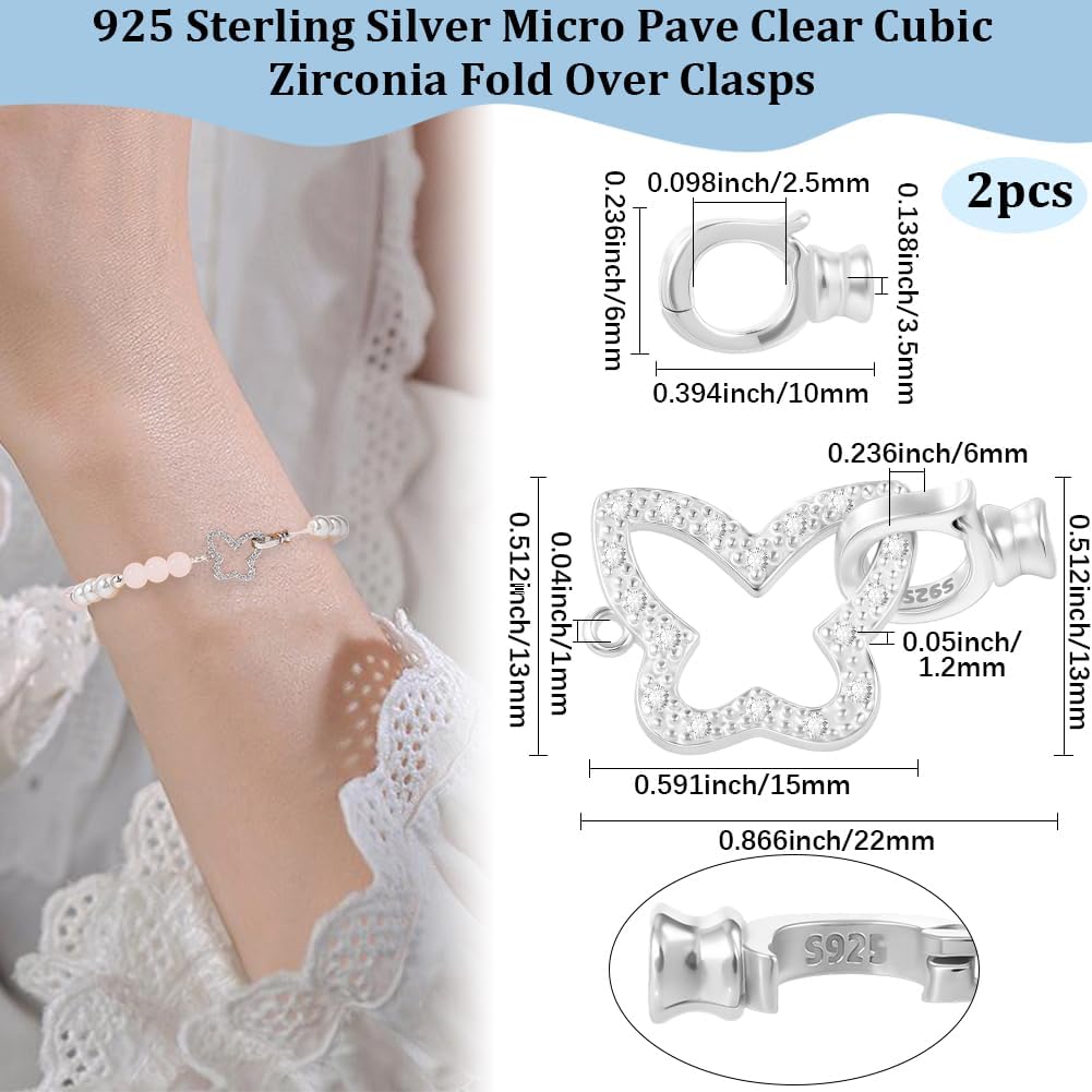 Beebeecraft 2Pcs Fold Over Clasps 925 Sterling Silver Butterfly Shaped Cubic Zirconia Fold-Over End Clasp Extender for Jewelry Making Bracelet DIY Crafts
