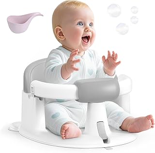 Baby Bath Seat Baby Bathtub - with Strong Suction Cups and 360° Surround Support – Easy Release, Non-Slip Cushion, Lockable Armrests – Infant Bath Chair for Babies 6-24 Months, Grey