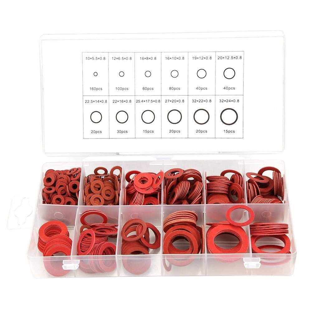 Heitune 600pcs 12 Sizes Red Steel Paper Fiber Flat Washers Kit Insulation Washer Assorted Set With Box