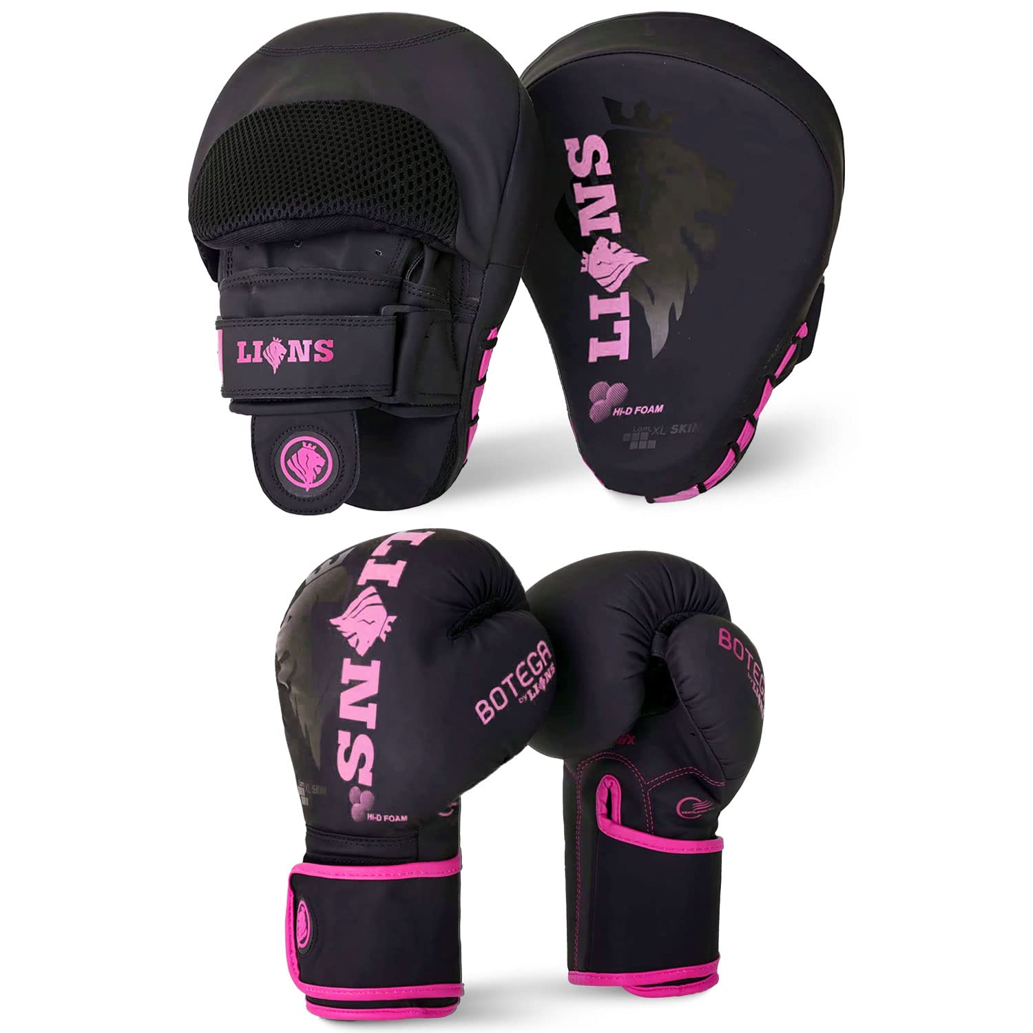 Lions Curved Focus Pads and Boxing Gloves Set MMA Kick Boxing Punch Bag Sparring Training Punching Coach Mitts (PINK-BOTEGA, 6OZ)