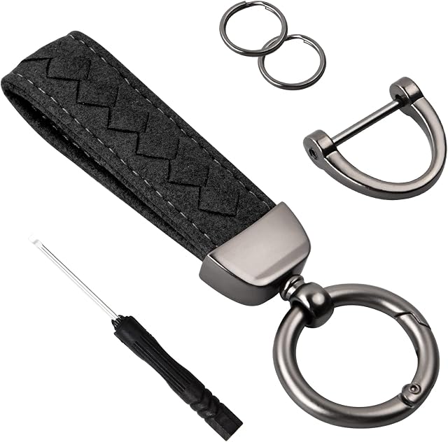 Leather Car Keychain,Genuine Leather Keychain, Universal Key Fob Leather Key Chain Holder for Men Women,360 Degree Rotatable,with Anti-lost D-ring,2 Keyrings,1 Screwdriver,for Car Office Home