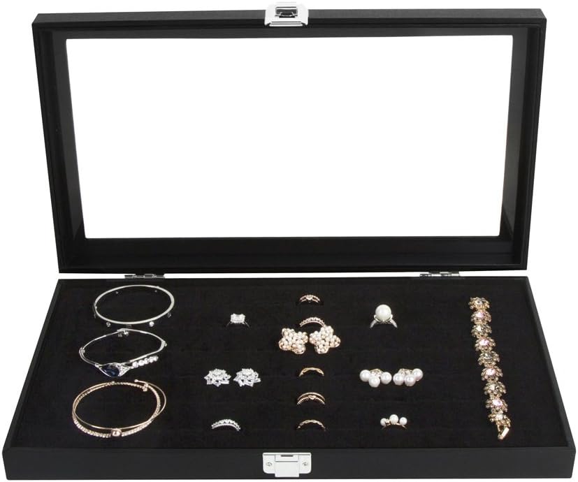 JackCubeDesign Jewelry Ring Display Organizer Storage Box Case Tray Holder with 72 Slot Ring Display(Black, Inside Black Velvet, 14.7 x 8.3 x 1.97 inches)- :MK248A