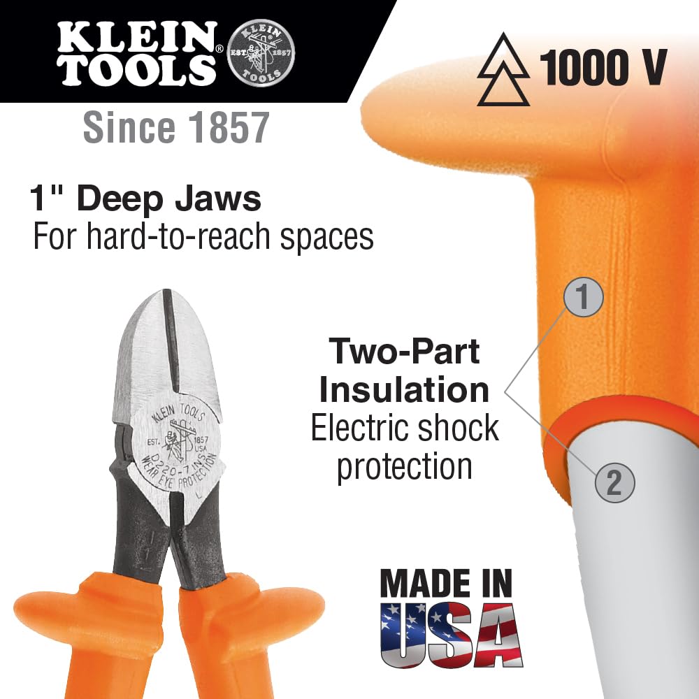 Klein Tools Alicates D220-7-INS, alicates de corte diagonal aislados con empuñaduras nominales de 1000 V, 7 pulgadas