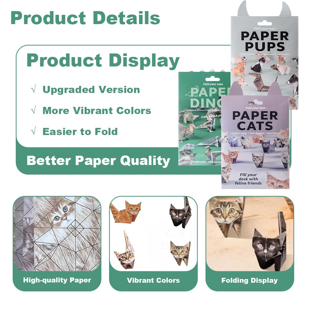 Paper Cats Origami Kit, 50pcs DIY 3D Origami Animal Kit for Making Cute Origami Cat/Dog/Dinosaur - Image 3
