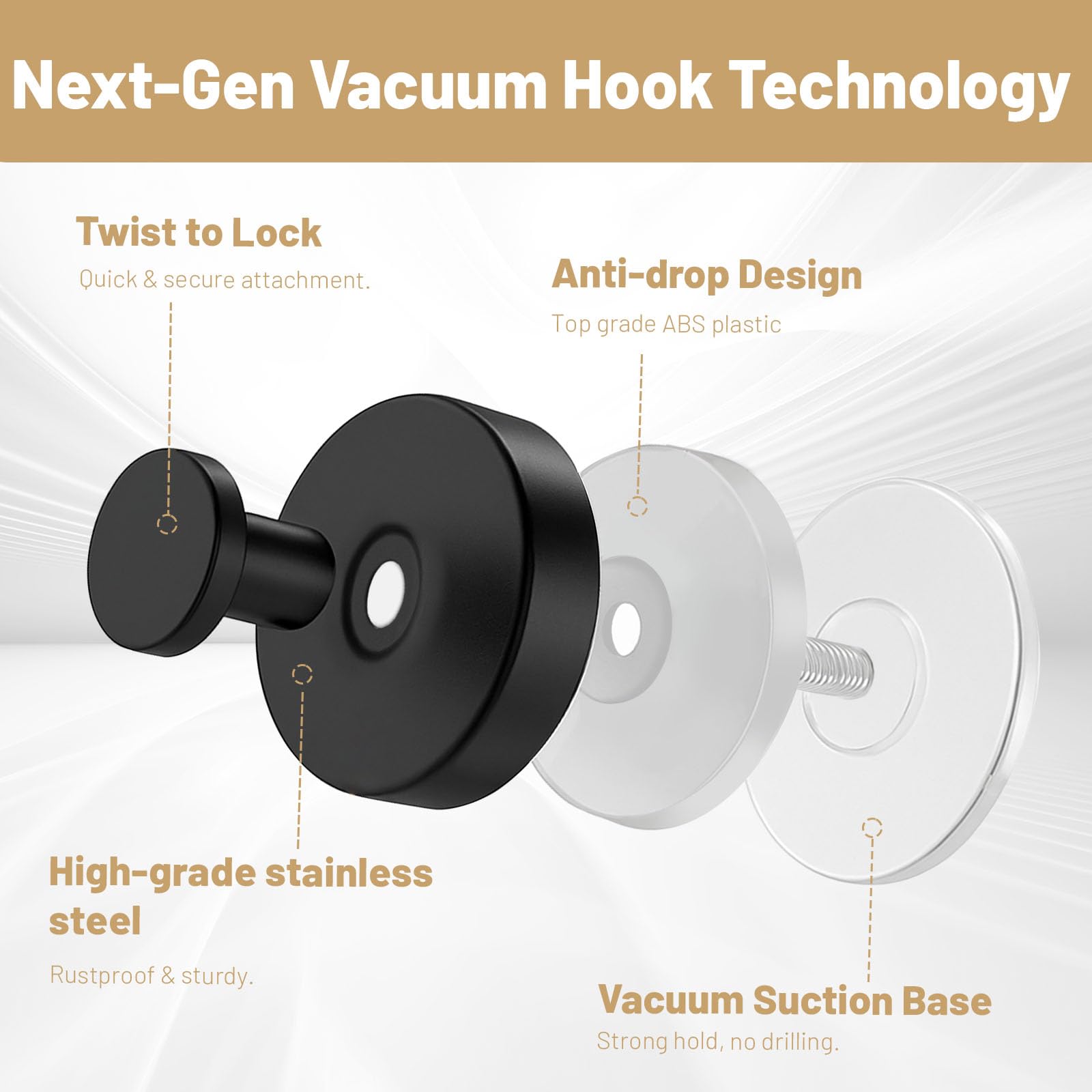 Xikelooy 4 Pcs Suction Cup Hook for Shower?Removable Hooks?Towel Hooks?Suction Hooks for Bathroom, Bedroom, Glass Window (Black)