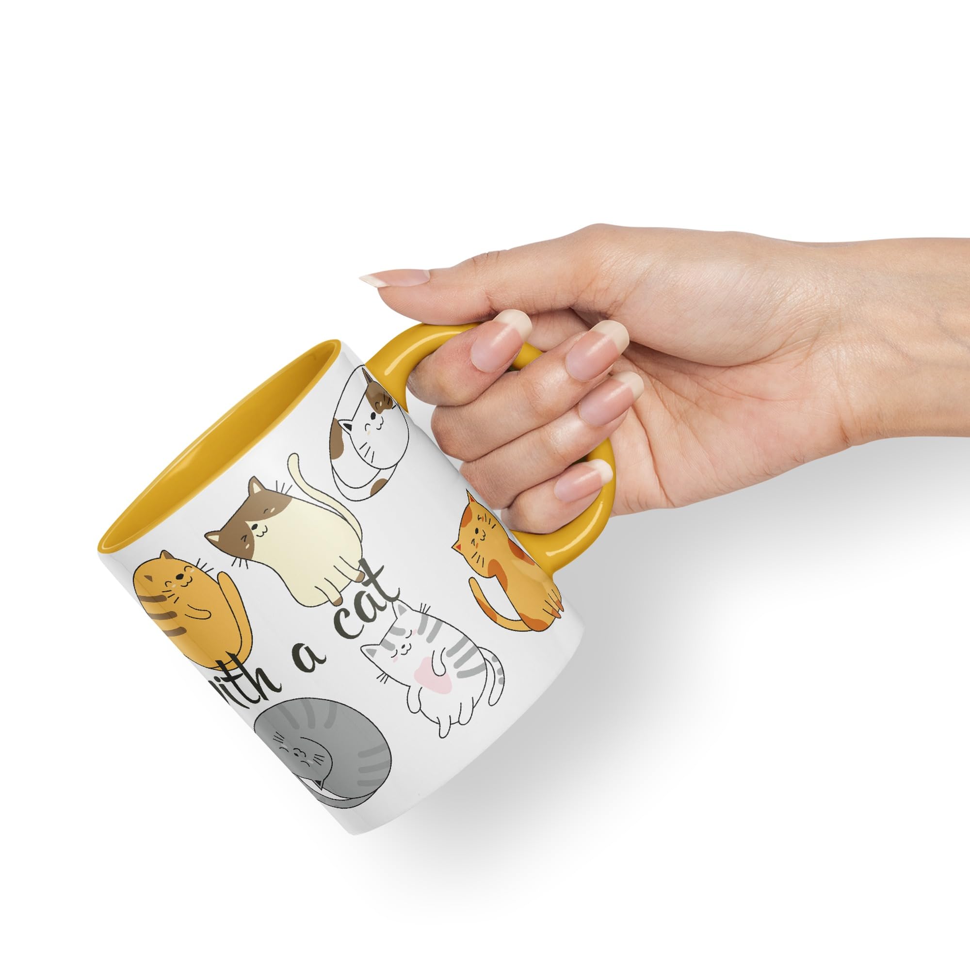 Vixar Life is Better with a cat Ceramic Coloured Mug Cup Gift Tea Coffee Christmas Office Home Cat Lovers (G Yellow) - Image 4