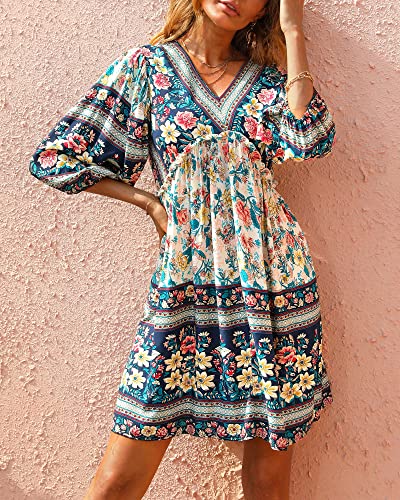 Image of BTFBM Women Casual Spring Summer Dresses V Neck 3 /4 Long Sleeve Ruffle Floral Flowy Boho Babydoll Mini Short Beach Dress