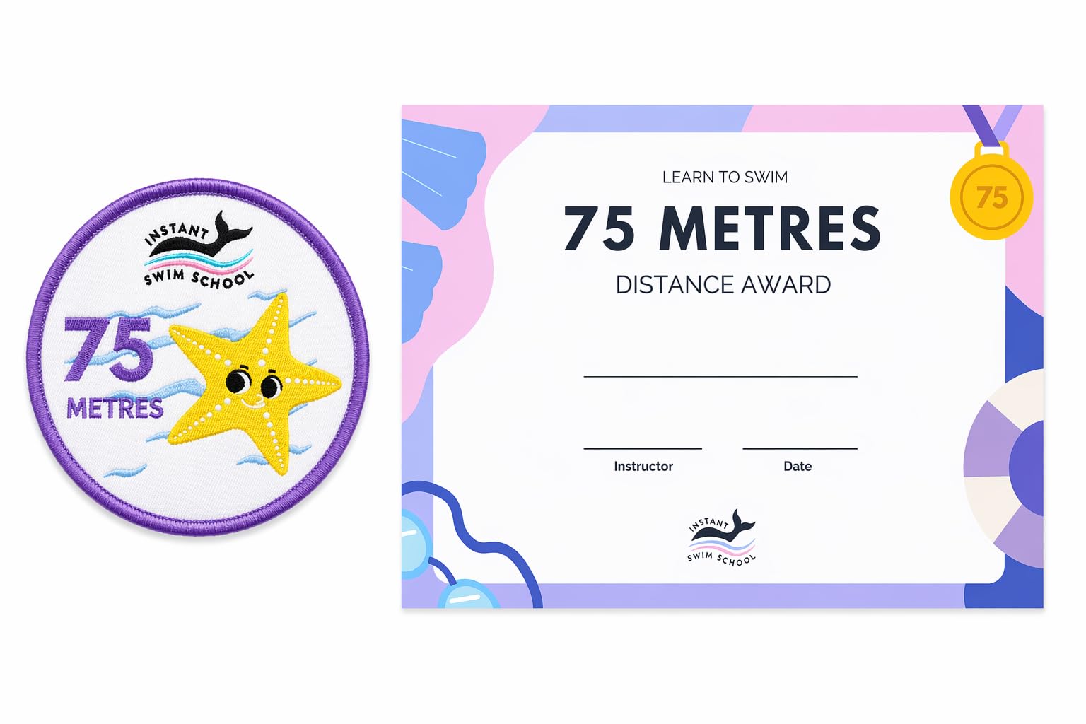 Swim School Kids Swimming Distance Badge Award, Learn to Swim Certificate of Achievement A4 250gsm & Embroidered Fabric Badge, Children’s 75m Swimming Reward for Schools, Teams, Clubs & Instructors