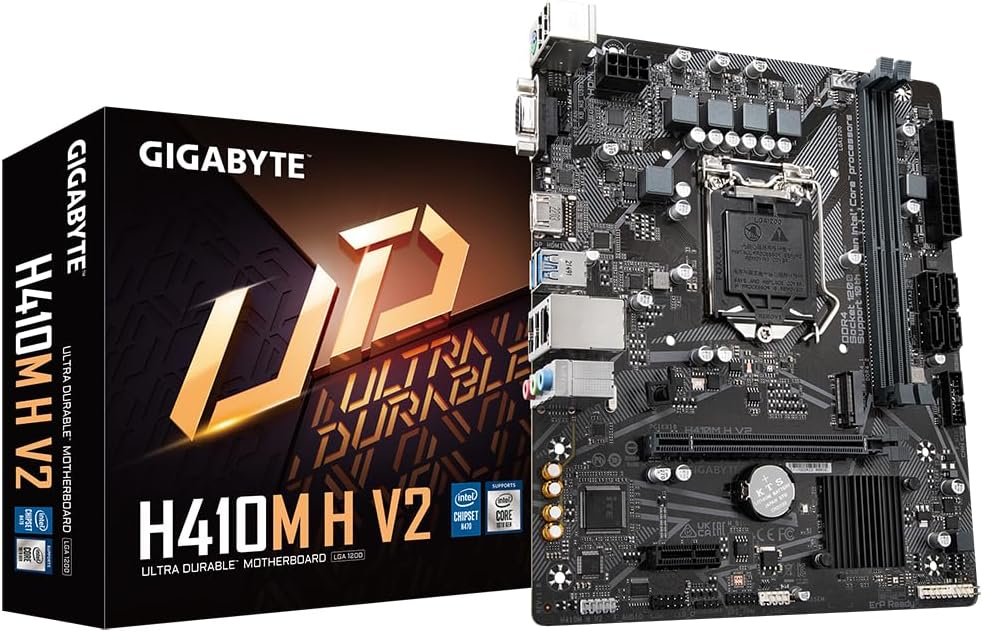 Gigabyte H410M H V2 Motherboard - Supports Intel Core 10th CPUs, up to 2933MHz DDR4 (OC), 1xPCIe 3.0 M.2, GbE LAN, USB 3.2 Gen 1