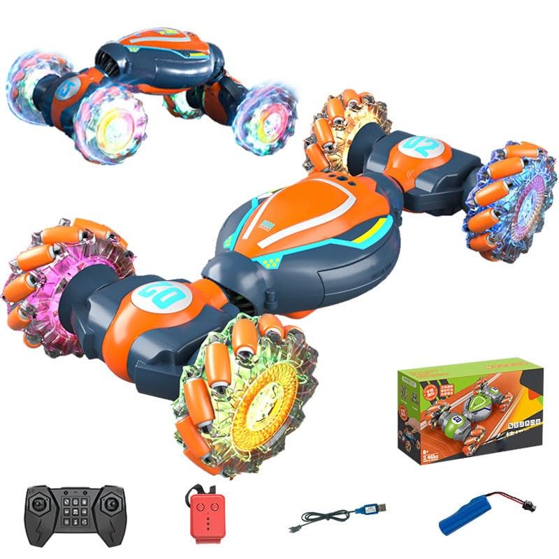 Ttrzlrb Coche acrobático RC con detección de Gestos,Coche de Control Remoto,rotación 360°,tracción Las 4 Ruedas,2,4 GHz,Coches RC, Juguetes transformables para niños,Regalo de cumpleaños(Orange)